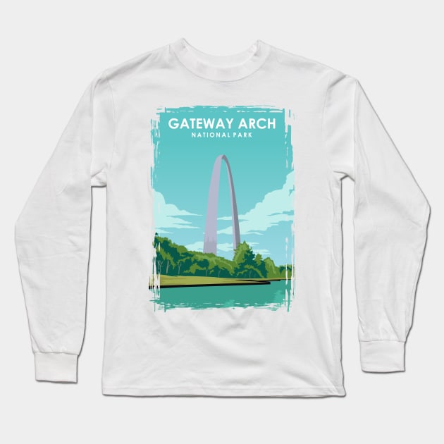 Gateway Arch National Park Travel Poster Long Sleeve T-Shirt by jornvanhezik